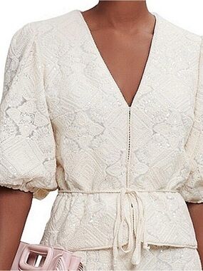 Maje Lichet Embroidered Sequin Top Women's Size Medium Ecru Cream Puff Sleeve